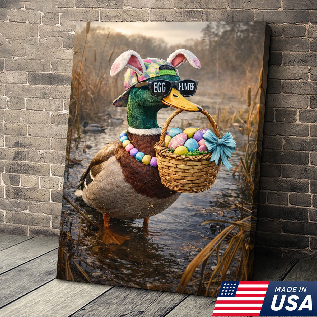 Funny Easter Duck Canvas Wall Art, Egg Hunter Mallard with Basket Portrait