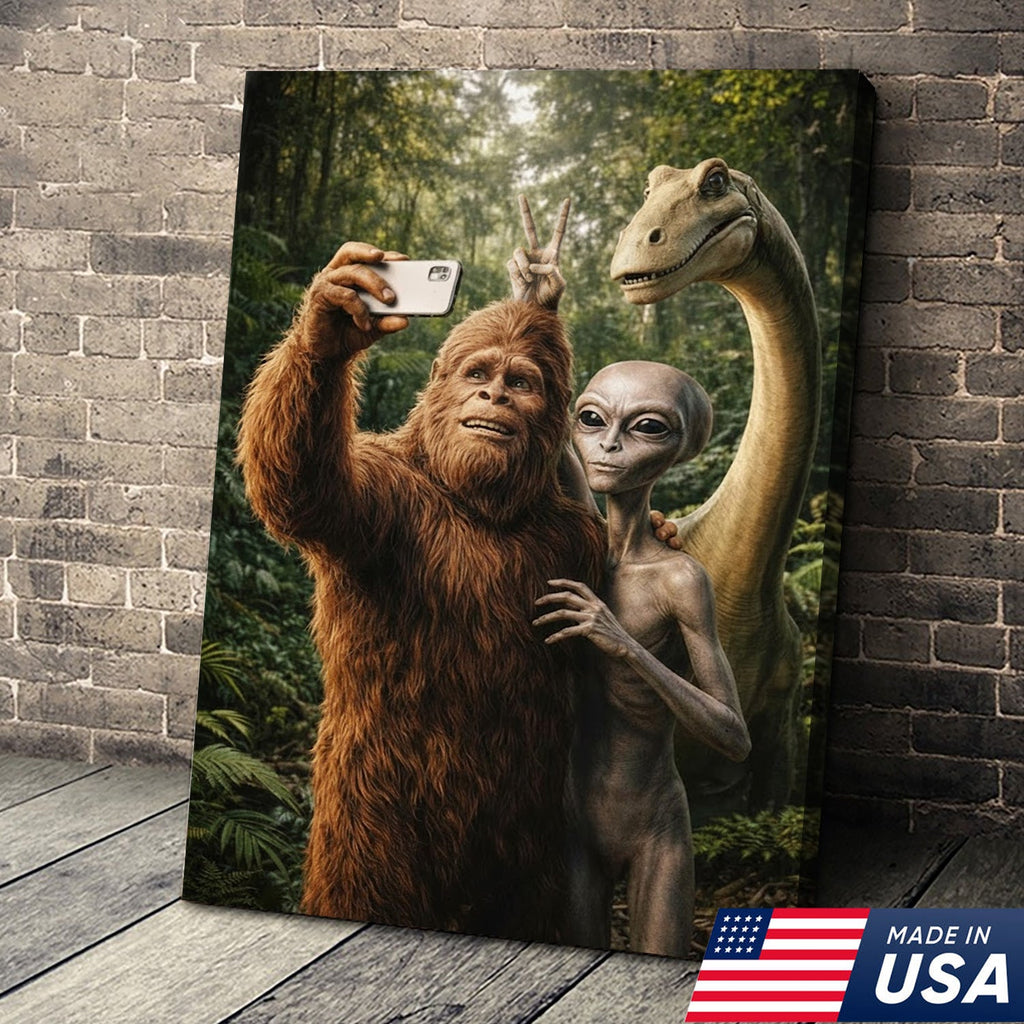 Funny Bigfoot Alien Dinosaur Selfie Canvas Wall Art, Whimsical Fantasy Creature Humor Print