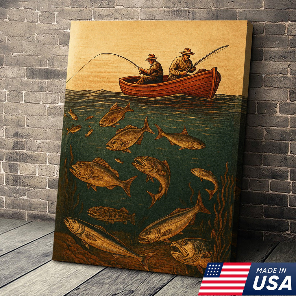 Vintage Fishermen Woodcut Wall Art – Retro Fishing Canvas Print