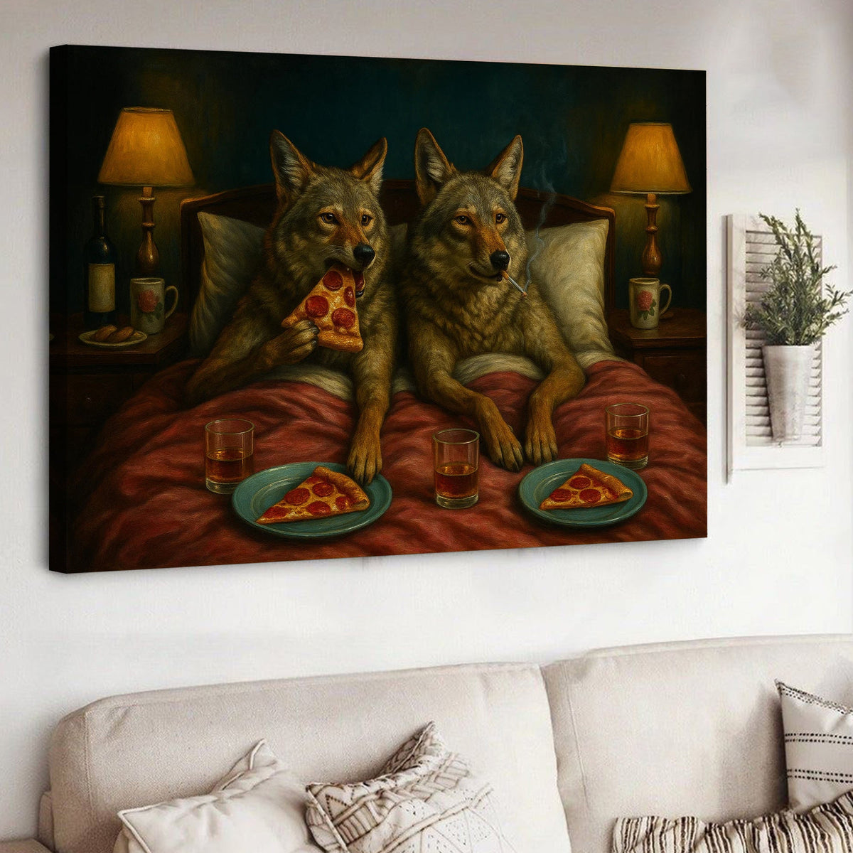 Whimsical Wolf Coyote Couple Pizza Night Canvas Wall Art – Cozy Bed Scene