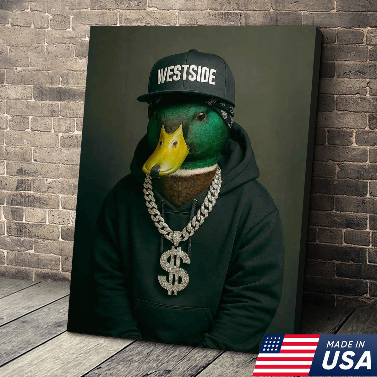 Gangster Duck Canvas Wall Art – Funny Animal Portrait, Hip Hop Duck Decor