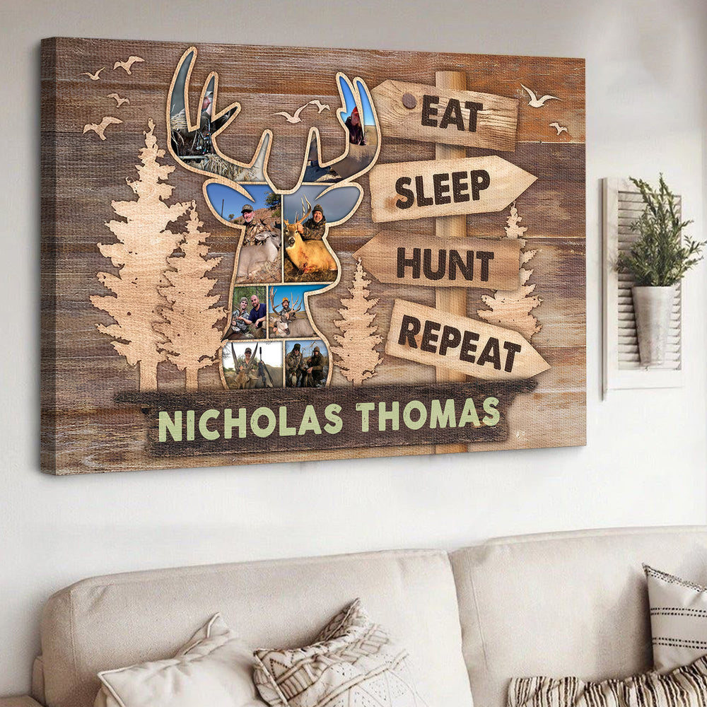 Personalized Hunting Canvas – Custom Deer Head Photo Collage Gift, Eat Sleep Hunt Repeat Wall Art for Hunters, Rustic Cabin Decor