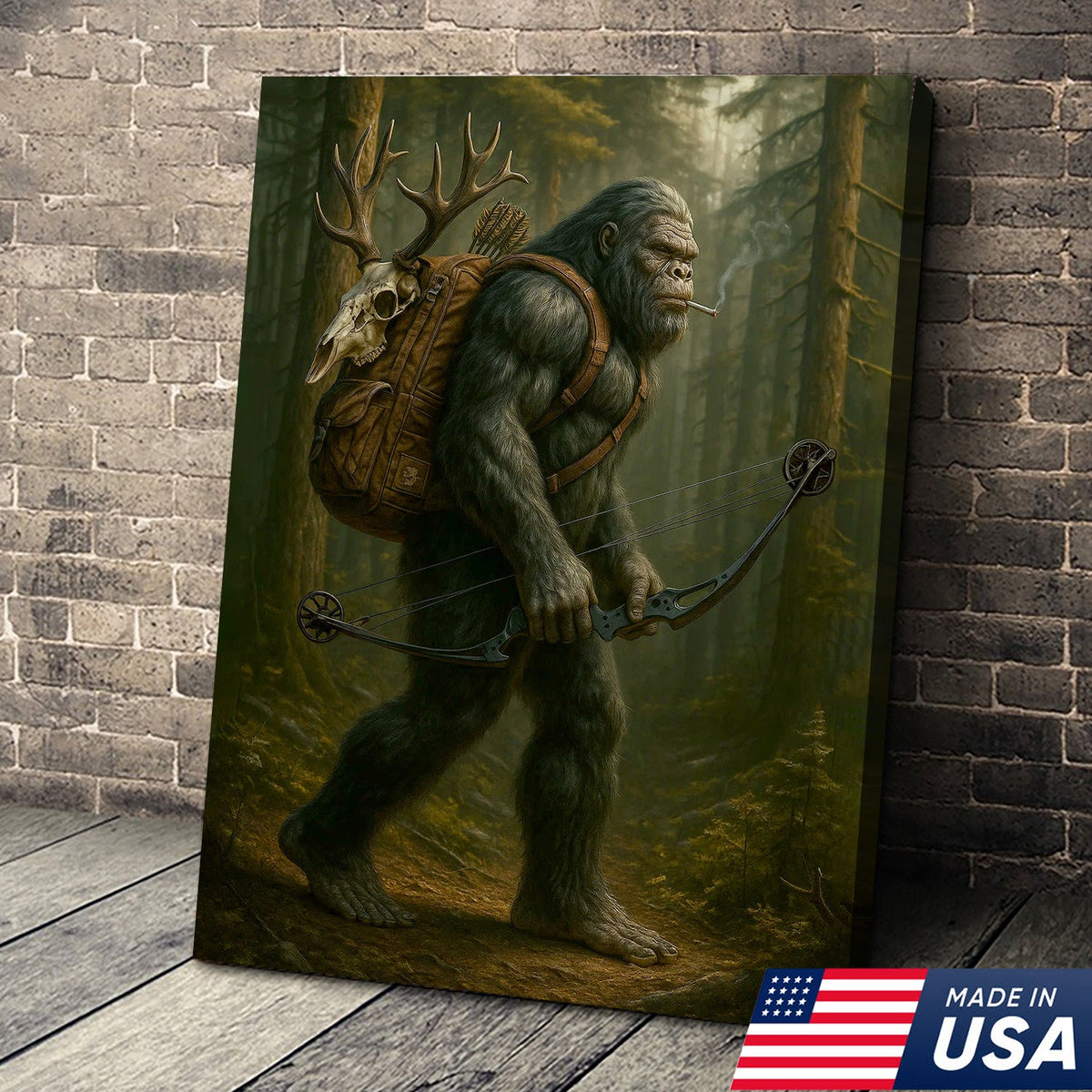 Bigfoot Hunter Canvas, Forest Archery Wall Art, Rustic Woodland Decor for Outdoor Adventure Lovers