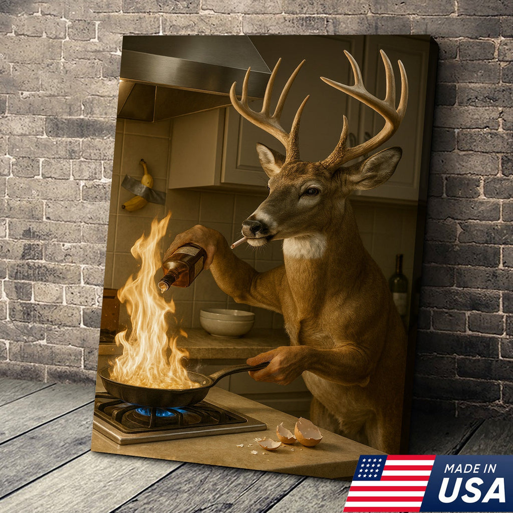 Funny Deer Cooking Canvas, Hilarious Buck Chef Wall Art, Rustic Humor Decor for Cabin