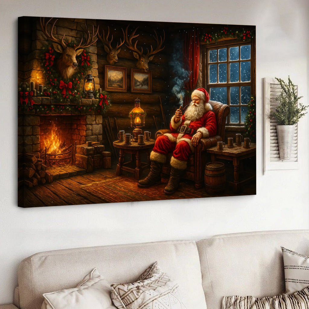Christmas Santa Cabin Canvas Wall Art, Rustic Fireplace Holiday Decor