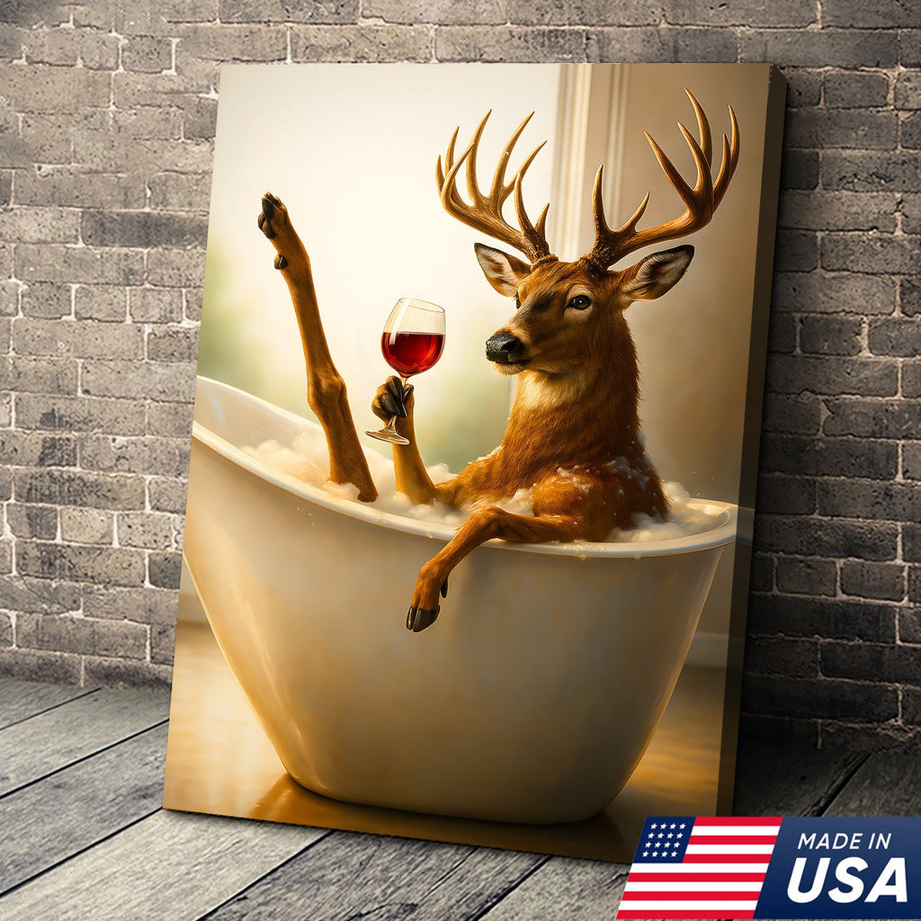 Relaxing Deer in Bathtub Funny Wall Art – Unique Gift for Hunters, Rustic Cabin Decor Canvas