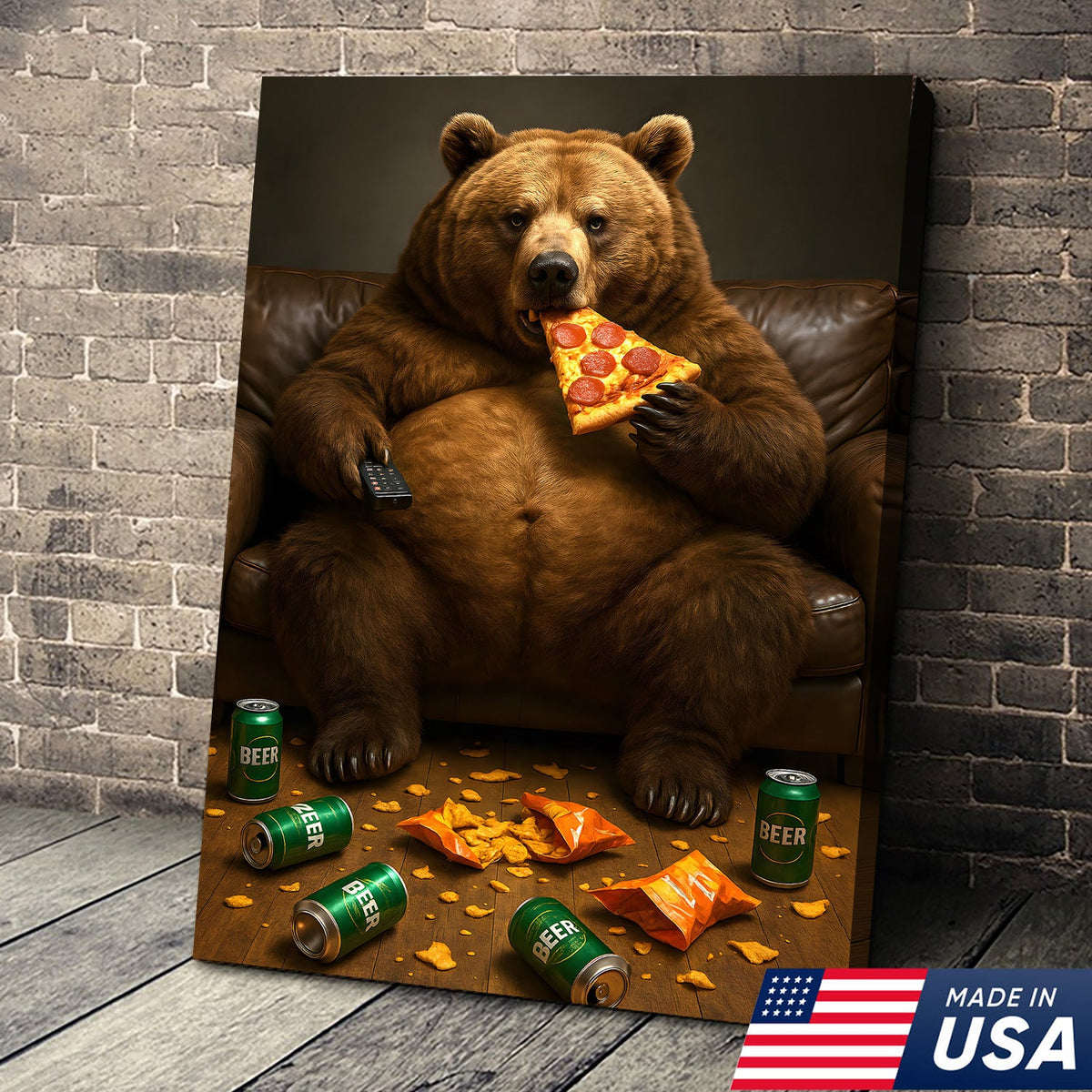 Funny Bear Eating Pizza Canvas Wall Art – Lazy Beer Lover Animal Canvas, Man Cave