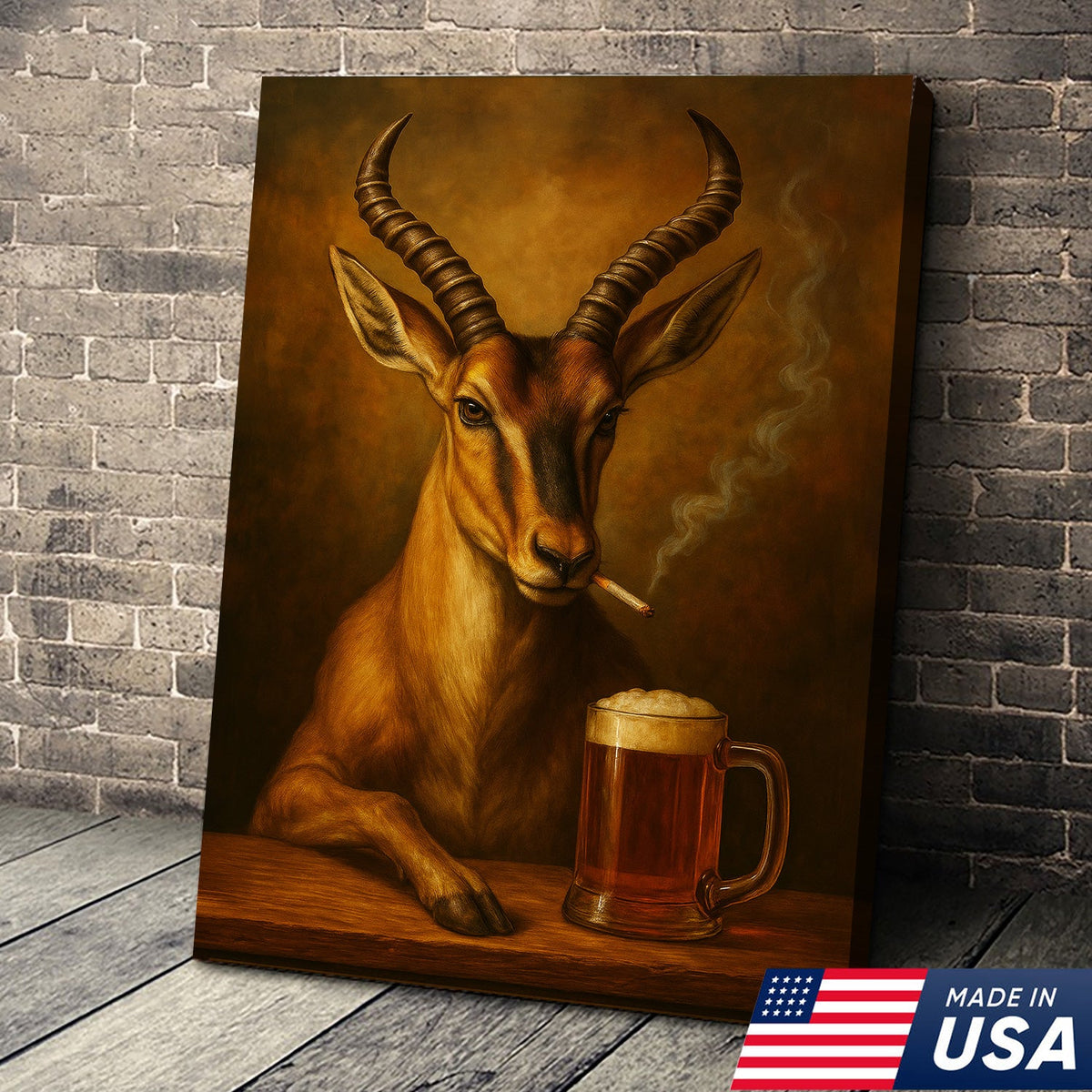 Funny Antelope Smoking & Beer Canvas Wall Art - Hunting Perfect Gift for Hunters