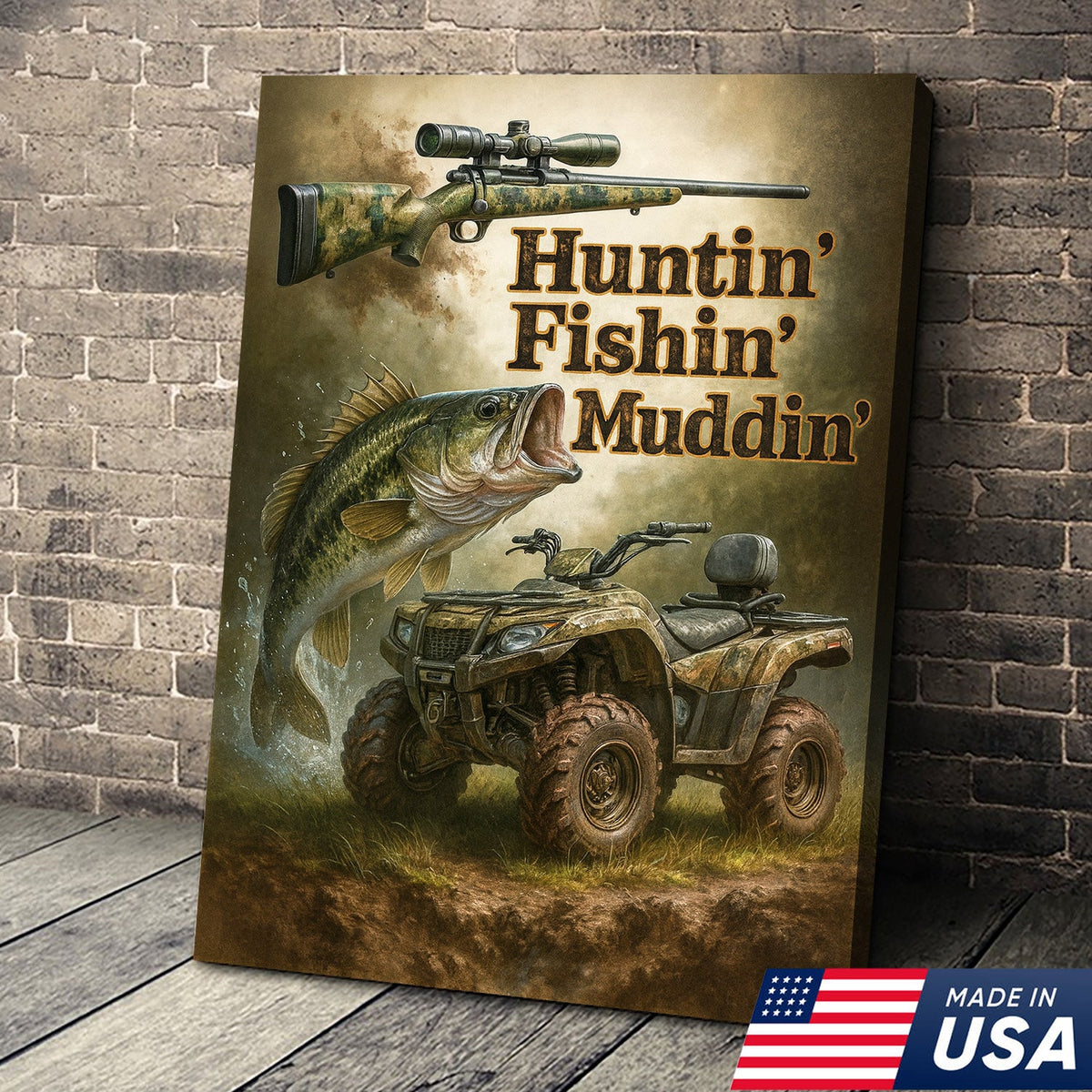 Huntin’ Fishin’ Muddin’ Canvas Wall Art, Deer Hunting and Fishing Decor for Men, Rustic ATV Cabin Artwork