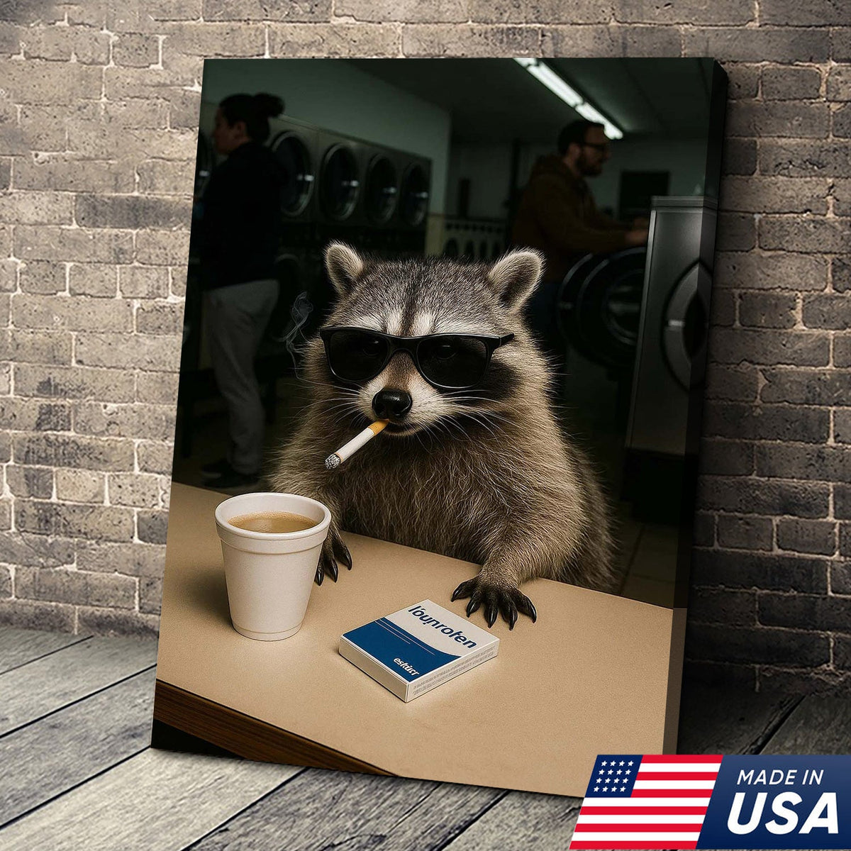 Cool Raccoon Laundromat Canvas Wall Art, Funny Coffee Drinking Raccoon Print