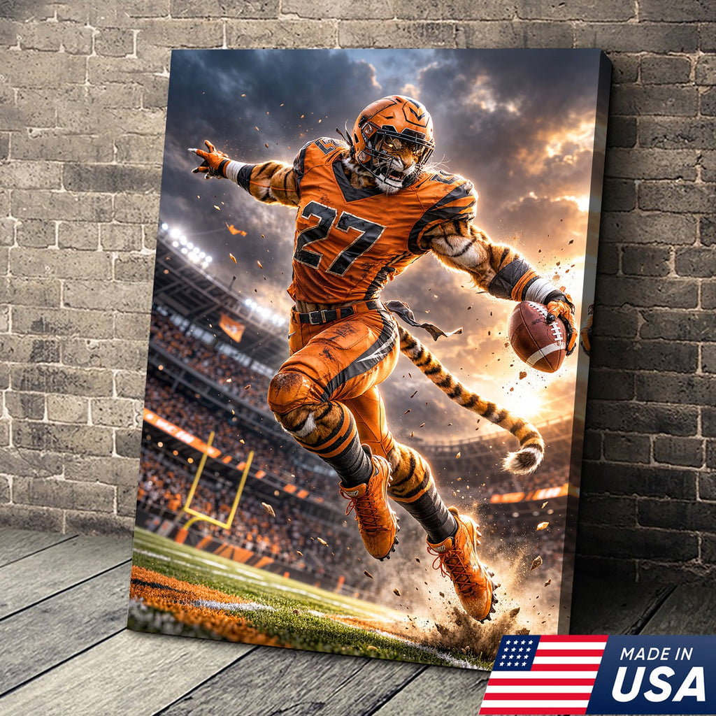 Tiger Football Athlete Canvas Wall Art – Action Stadium Sports Print