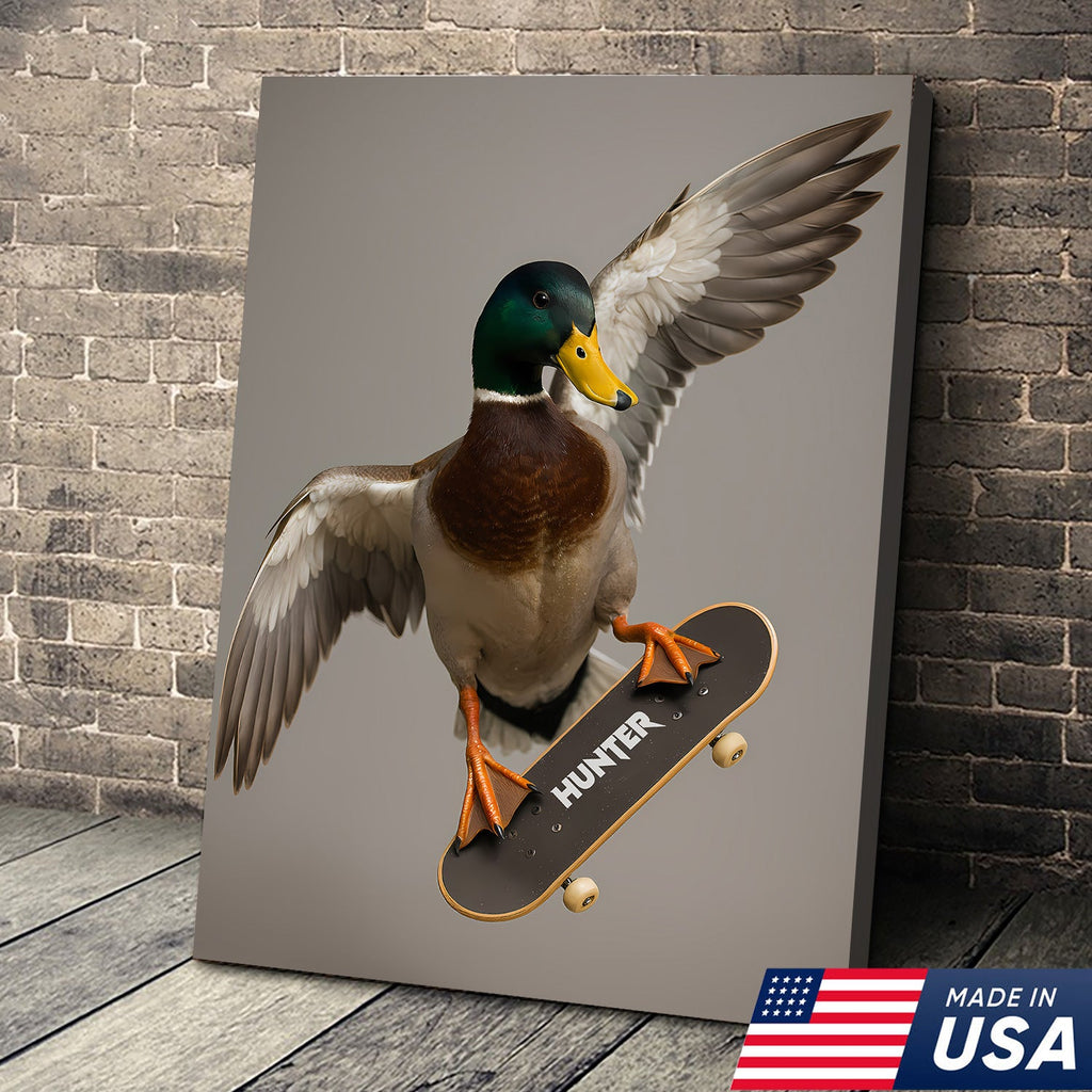 Funny Skater Duck Canvas, Cool Mallard Wall Art, Humorous Bird Lover Decor for Man Cave