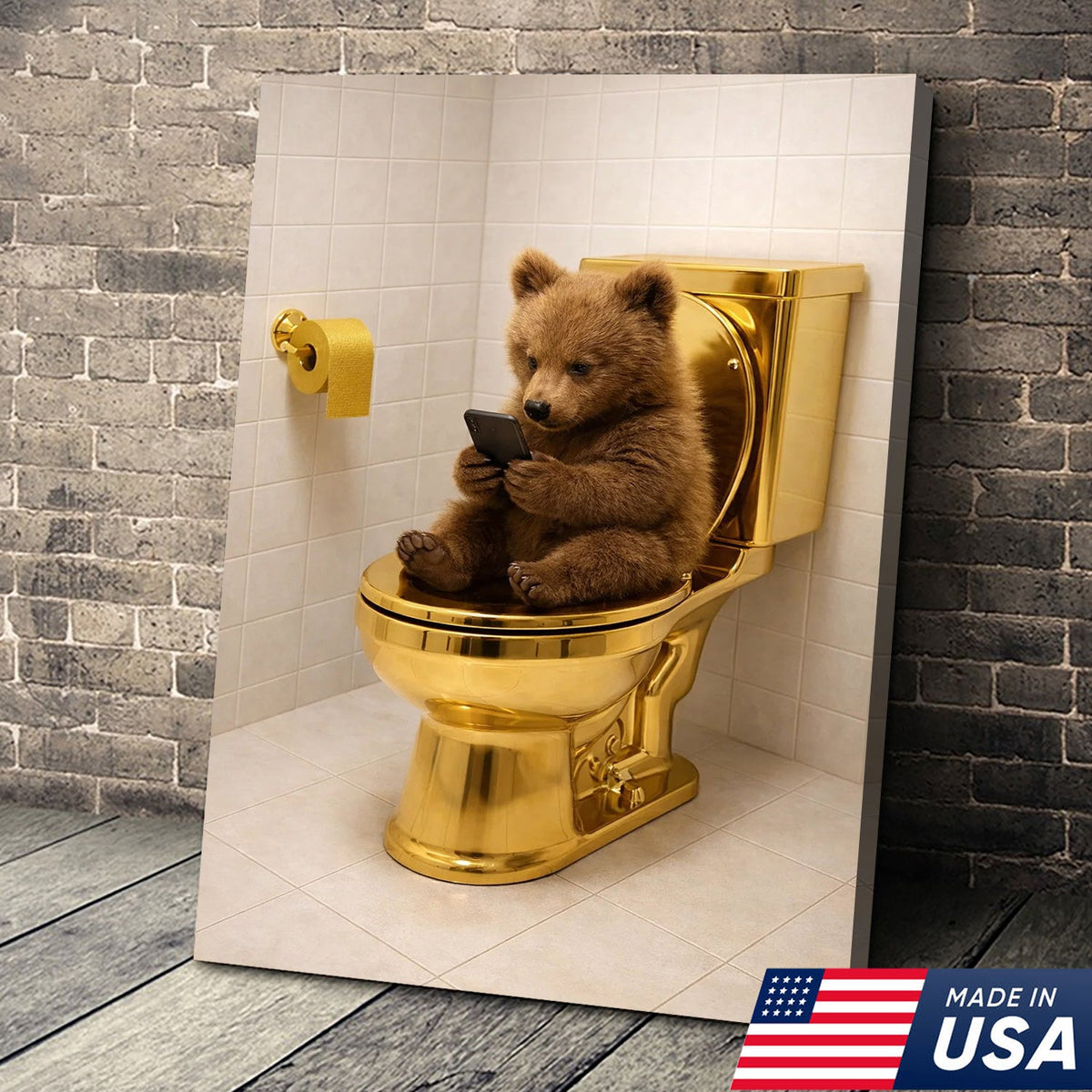 Funny Bear on Golden Toilet Canvas Wall Art, Cute Animal Bathroom Humor Illustration