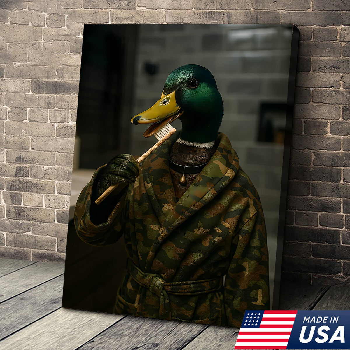 Funny Duck Brushing Teeth Canvas – Bathroom Wall Art for Men, Morning Routine Humor Decor