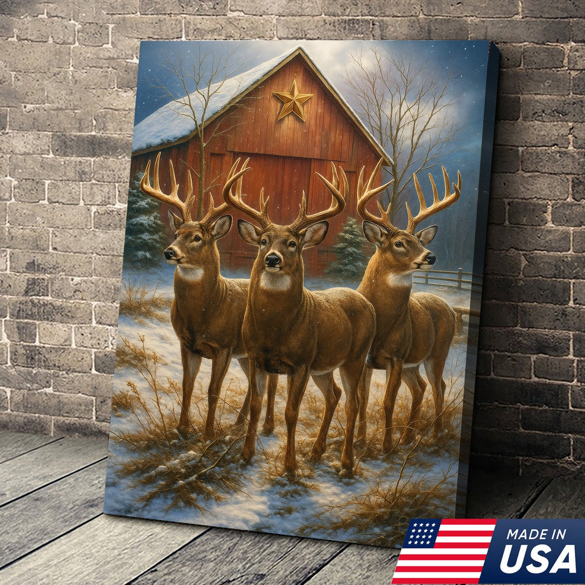 Deer Trio Winter Barn Canvas – Rustic Wildlife Wall Art Gift for Hunters, Nature & Christmas Lovers