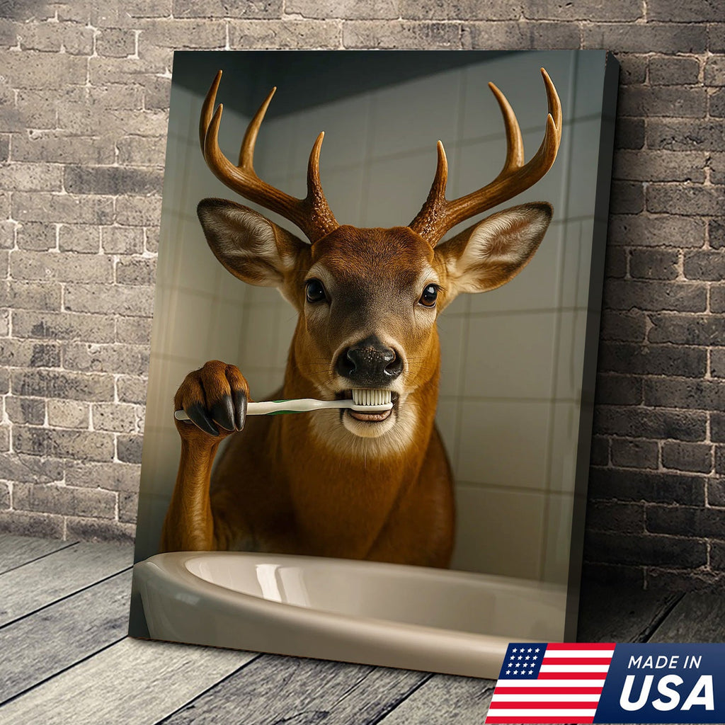 Deer Canvas Wall Art – Funny Buck Brushing Teeth Unique Bathroom Decor for Hunters
