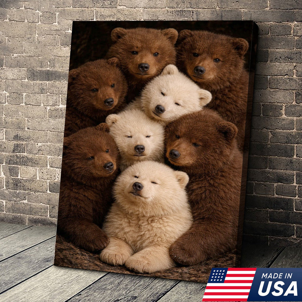 Cute Bear Cubs Canvas Wall Art, Brown and White Bear Family Portrait