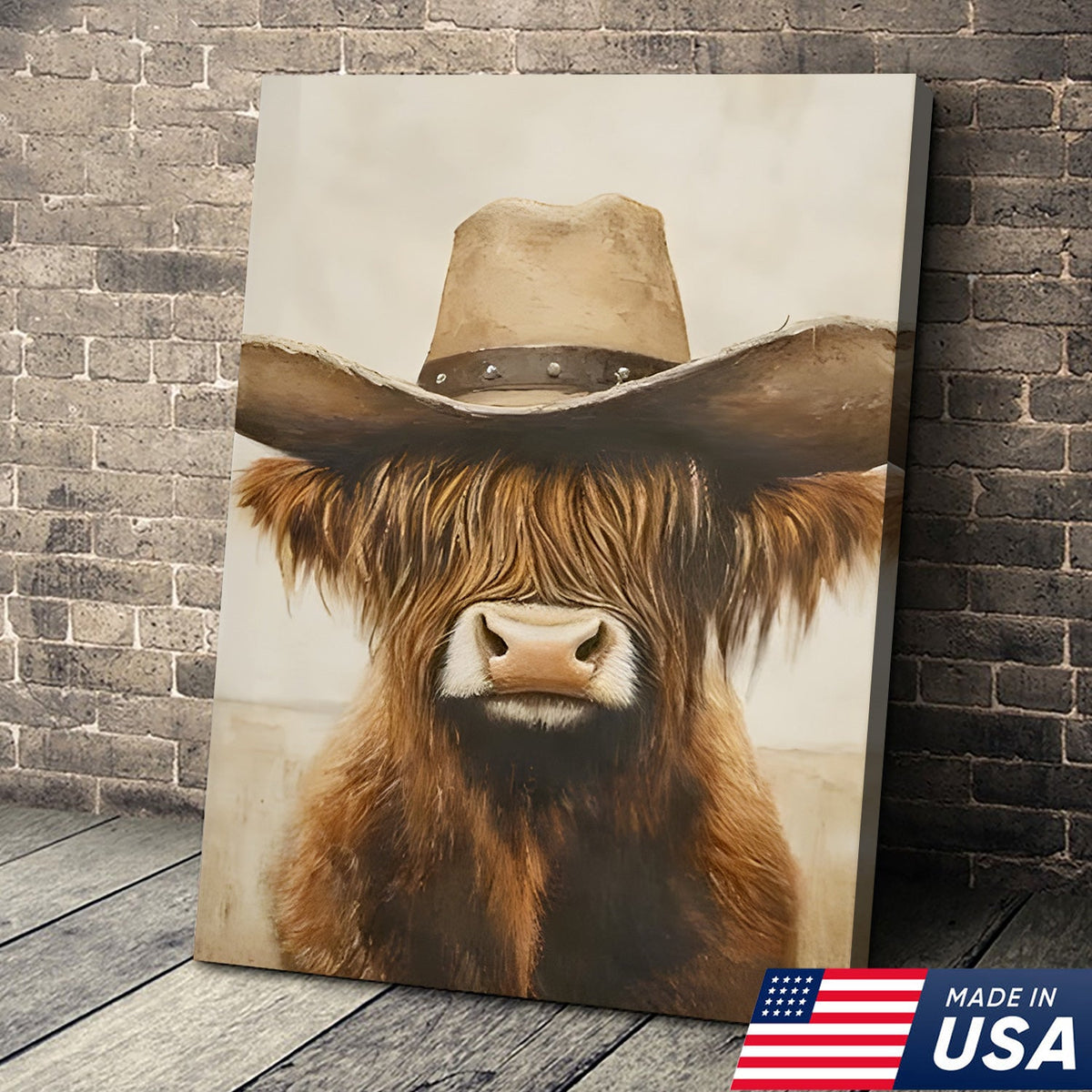 Western Farm Animal Trio Canvas Wall Art Set, Cowboy Duck Raccoon Highland Cow Portraits