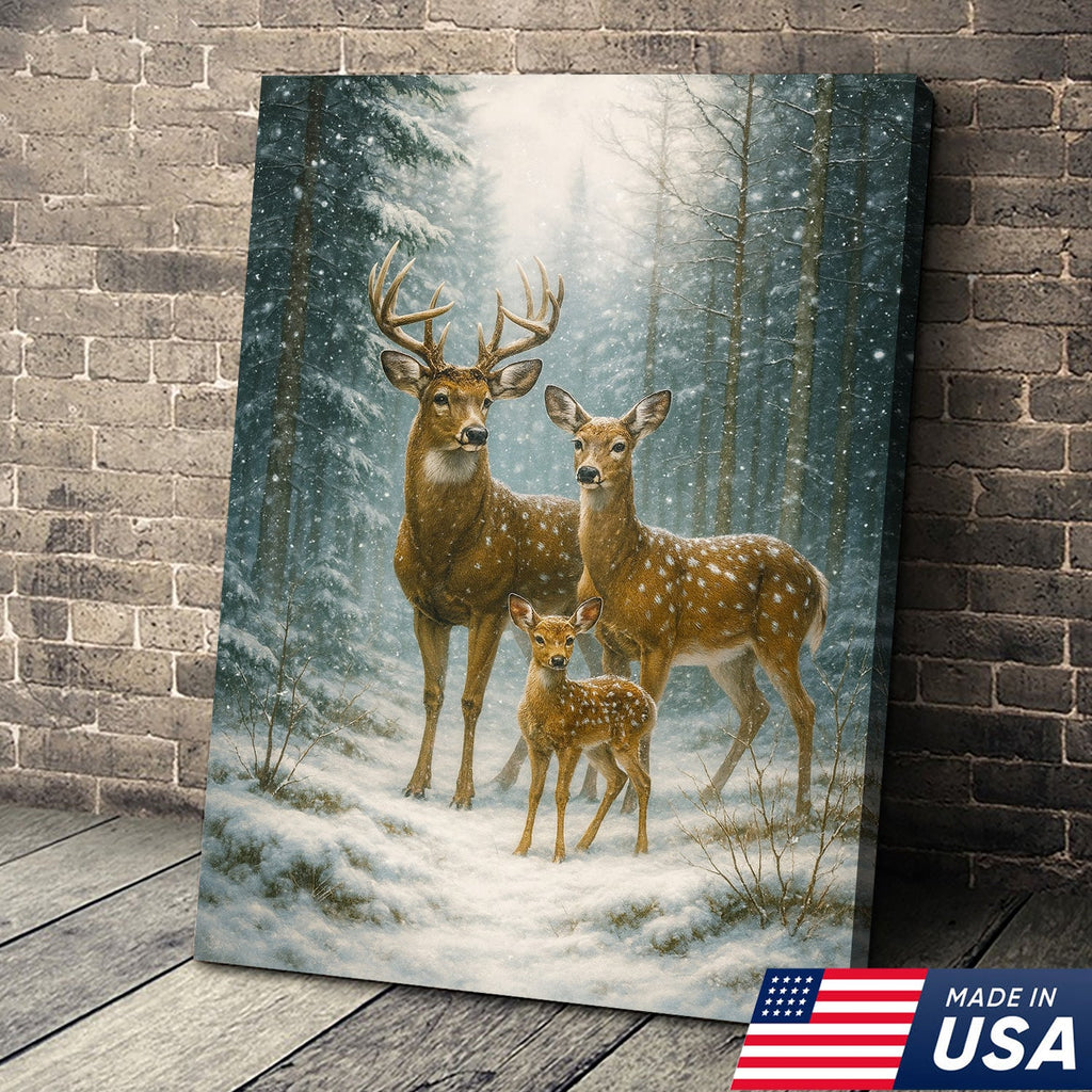 Deer Family Winter Forest Wall Art Canvas – Christmas Wildlife Gift for Nature Lovers & Cabin Homes