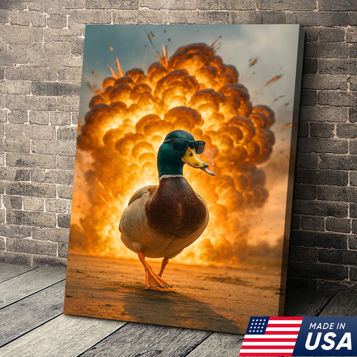 Cool Duck Walking from Explosion Canvas Wall Art, Funny Action Movie Style Decor for Man Cave