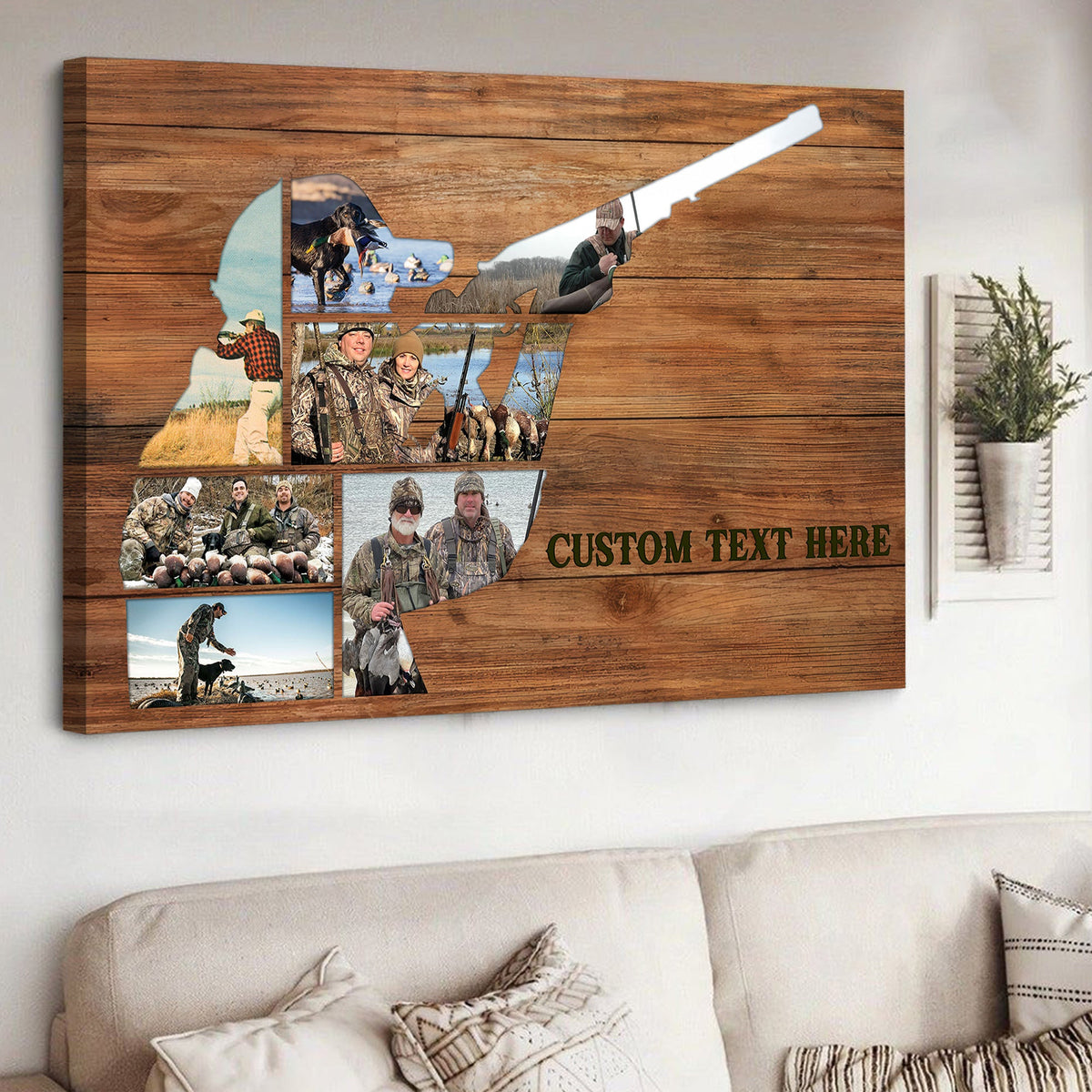 Custom Photo Hunting Collage Canvas, Hunter Silhouette on Rustic Wood, Personalized Camo Gift Wall Art