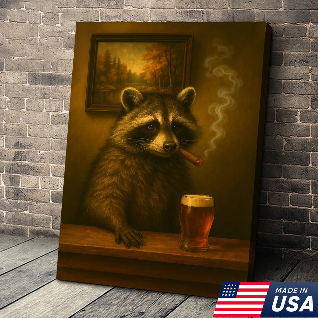 Funny Raccoon Bar Canvas Wall Art – Rustic Lodge Man Cave Décor with Beer & Smoking Humor