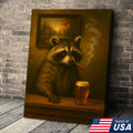 Funny Raccoon Bar Canvas Wall Art – Rustic Lodge Man Cave Décor with Beer & Smoking Humor