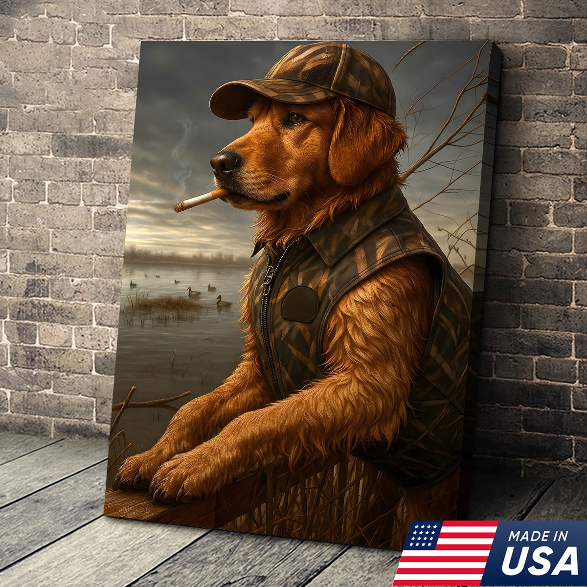 Golden Retriever Hunting Dog Canvas Wall Art, Duck Hunter Lab in Camo Vest