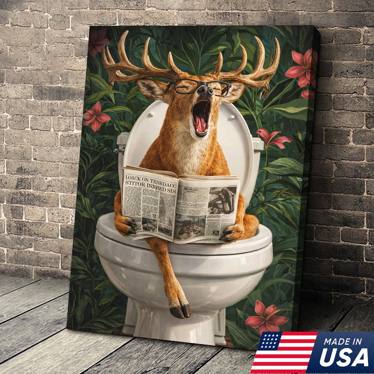Funny Deer Toilet Canvas Wall Art – Humorous Animal Bathroom Decor with Newspaper