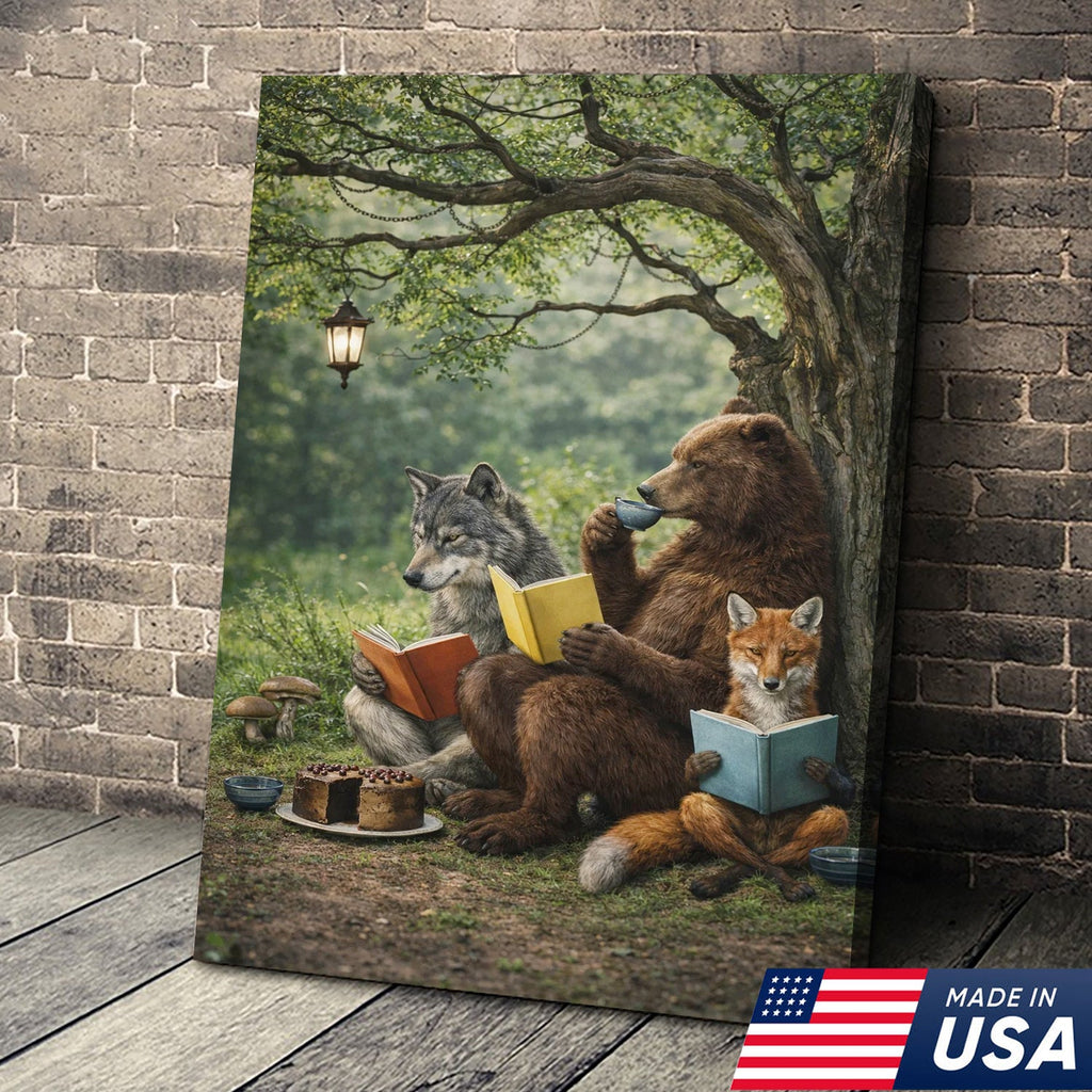 Whimsical Woodland Animals Reading Canvas Wall Art, Bear Wolf Fox Forest Storybook Decor