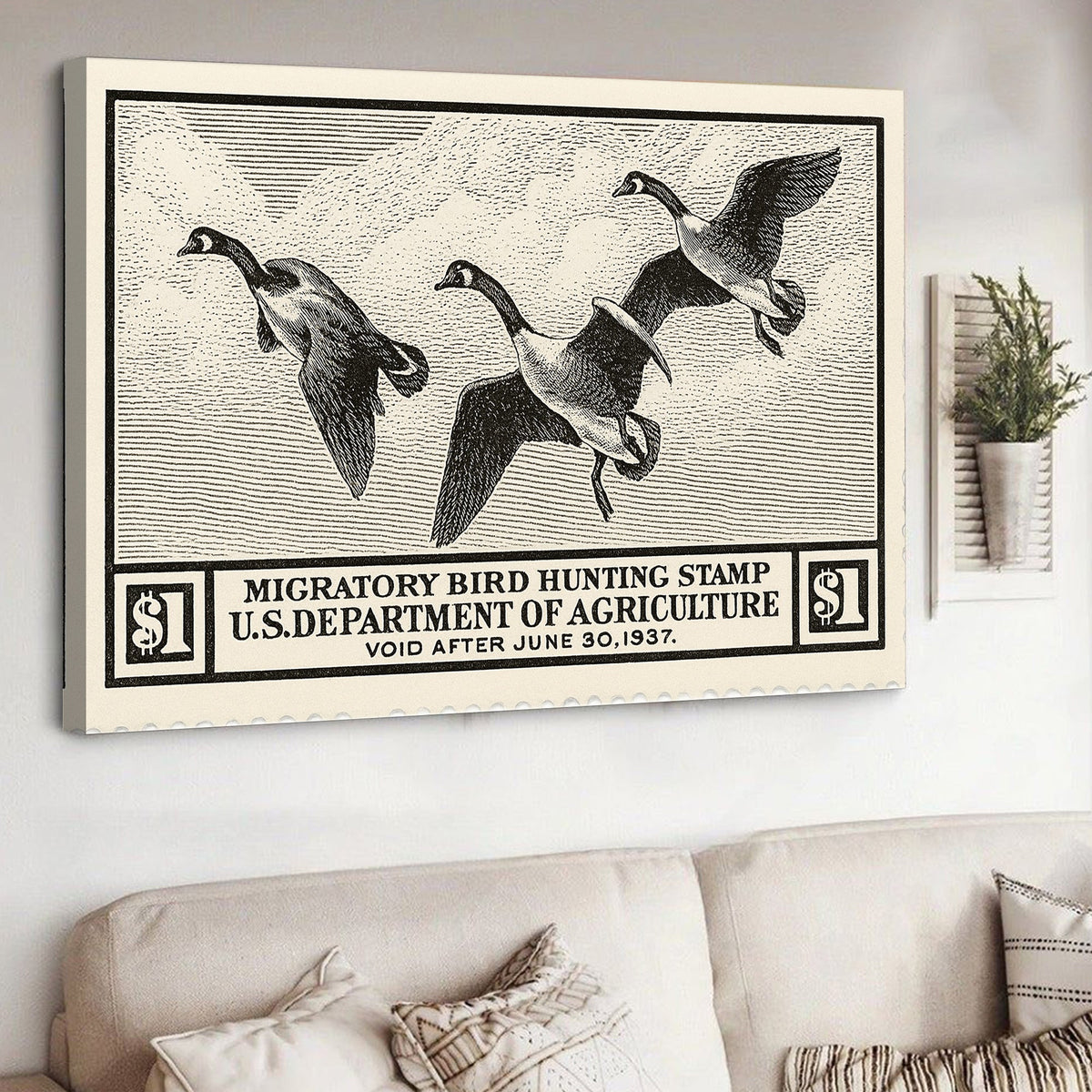 Vintage Migratory Goose Hunting Stamp Wall Art – Retro Duck Print Canvas for Hunters & Cabin Decor