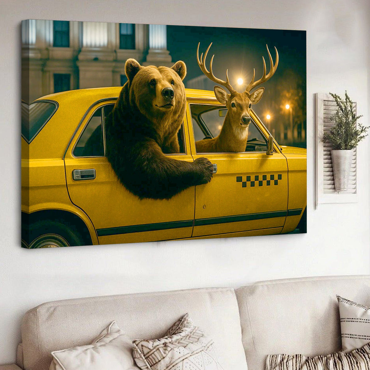 Bear & Deer Riding Yellow Taxi Canvas Wall Art, Funny Wildlife Driving Picture for Game Room & Cabin