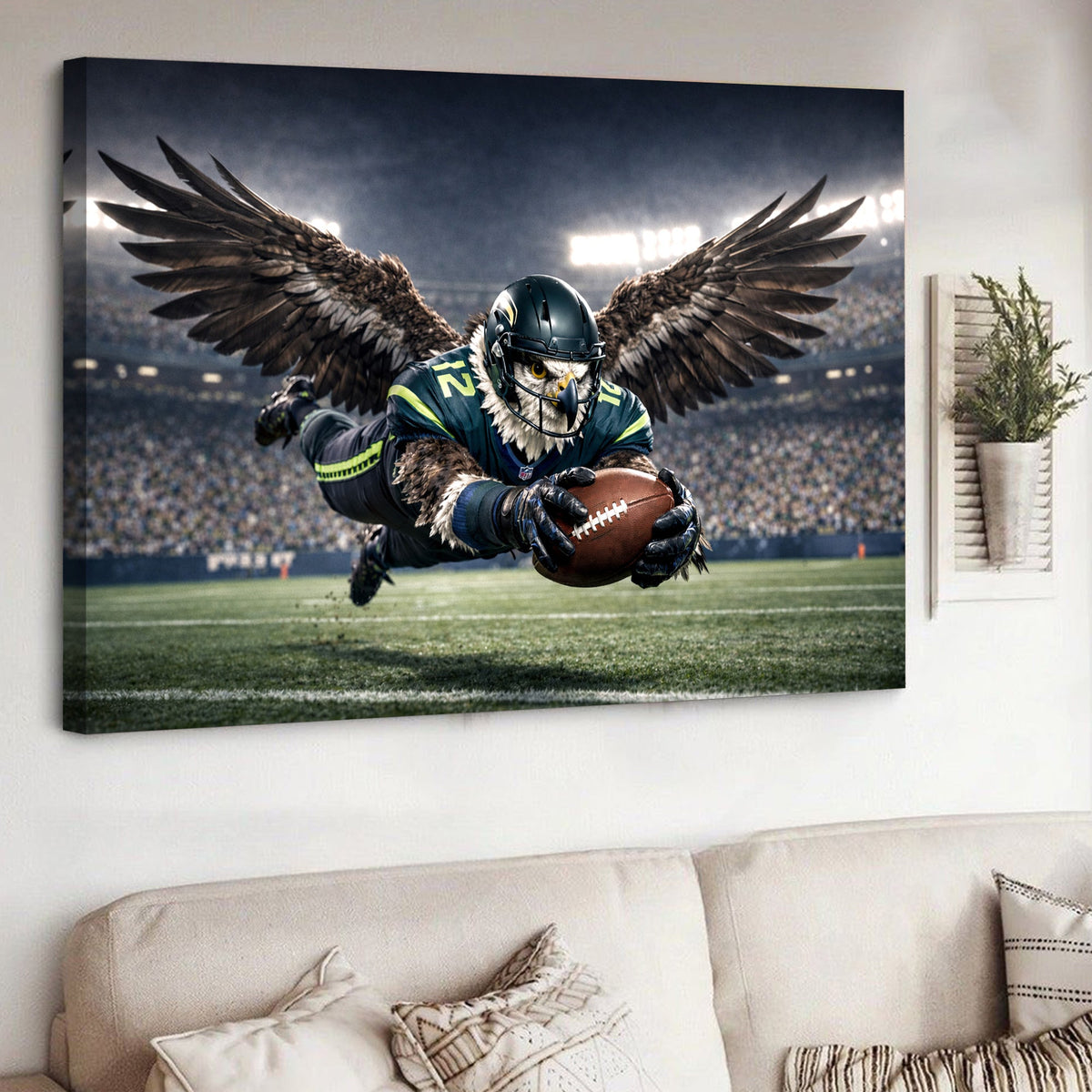 Soaring Eagle Football Canvas Wall Art – Winged Athlete Diving Catch Stadium Print