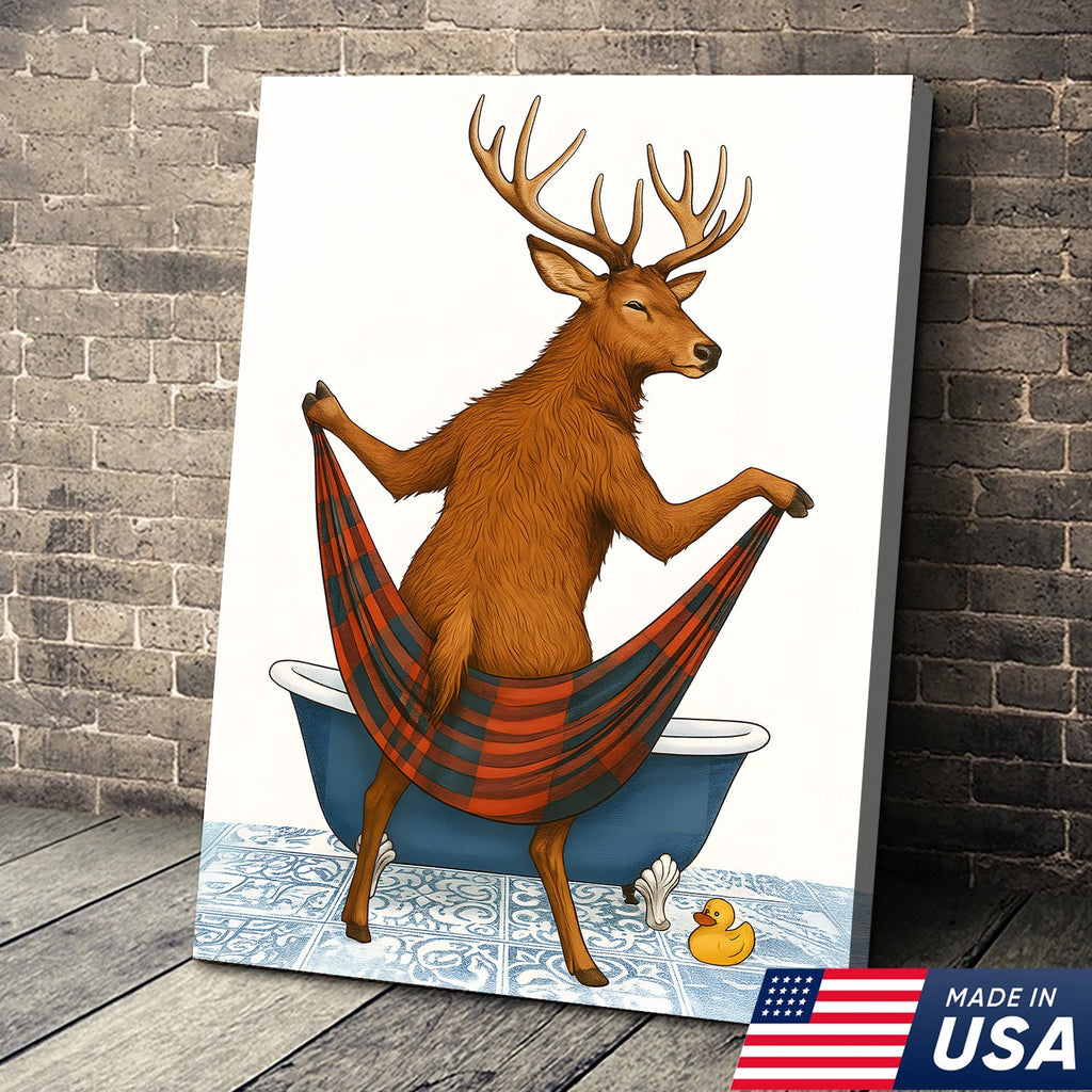 Funny Deer Bathroom Canvas Art – Unique Gift for Hunters, Rustic Cabin & Wildlife Lovers