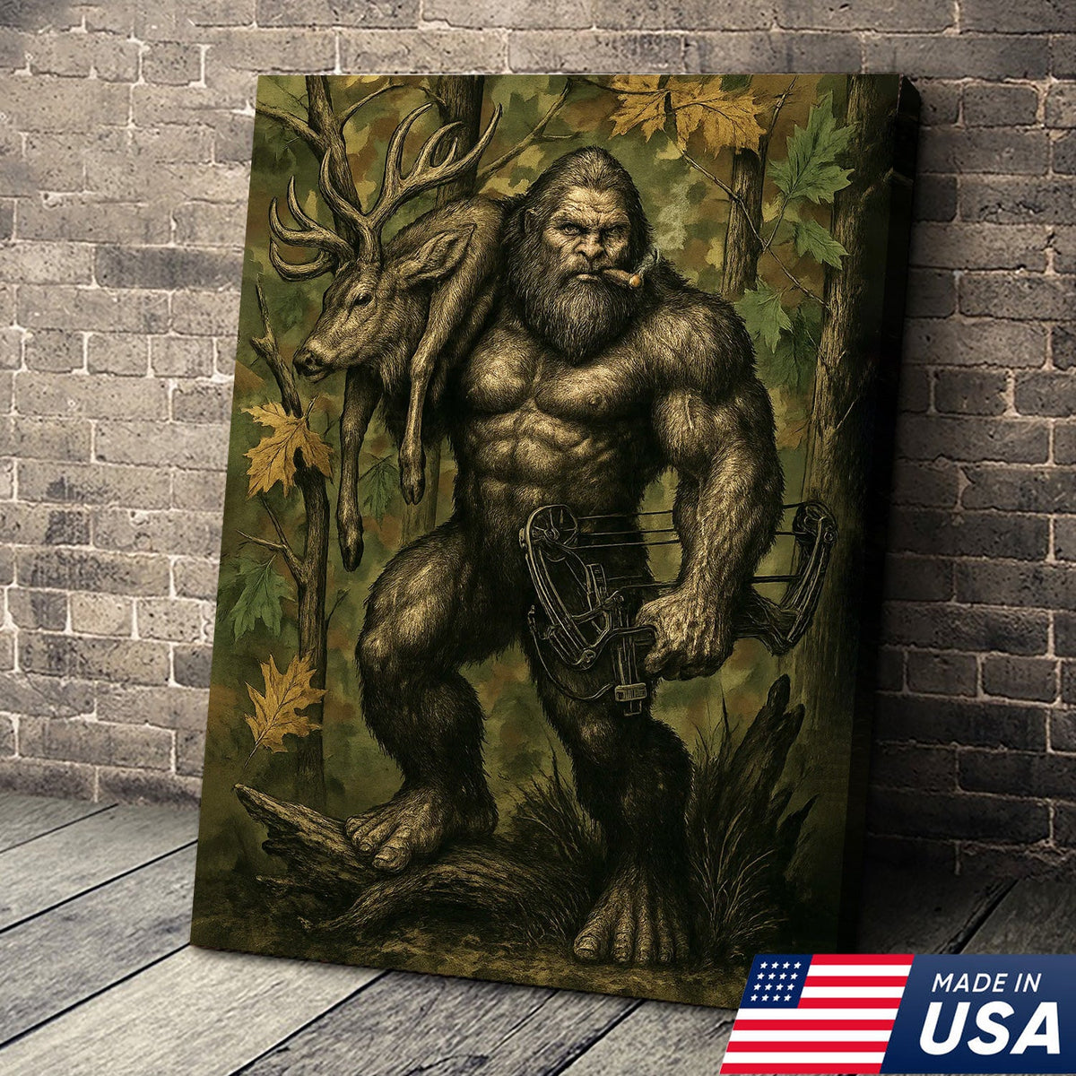 Bigfoot Hunter Canvas Wall Art, Mythical Sasquatch Bowhunting Deer Artwork