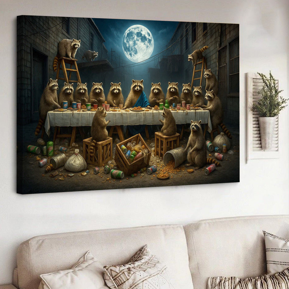 Raccoon Last Supper Canvas Art – Funny Moonlit Trash Raccoon Feast