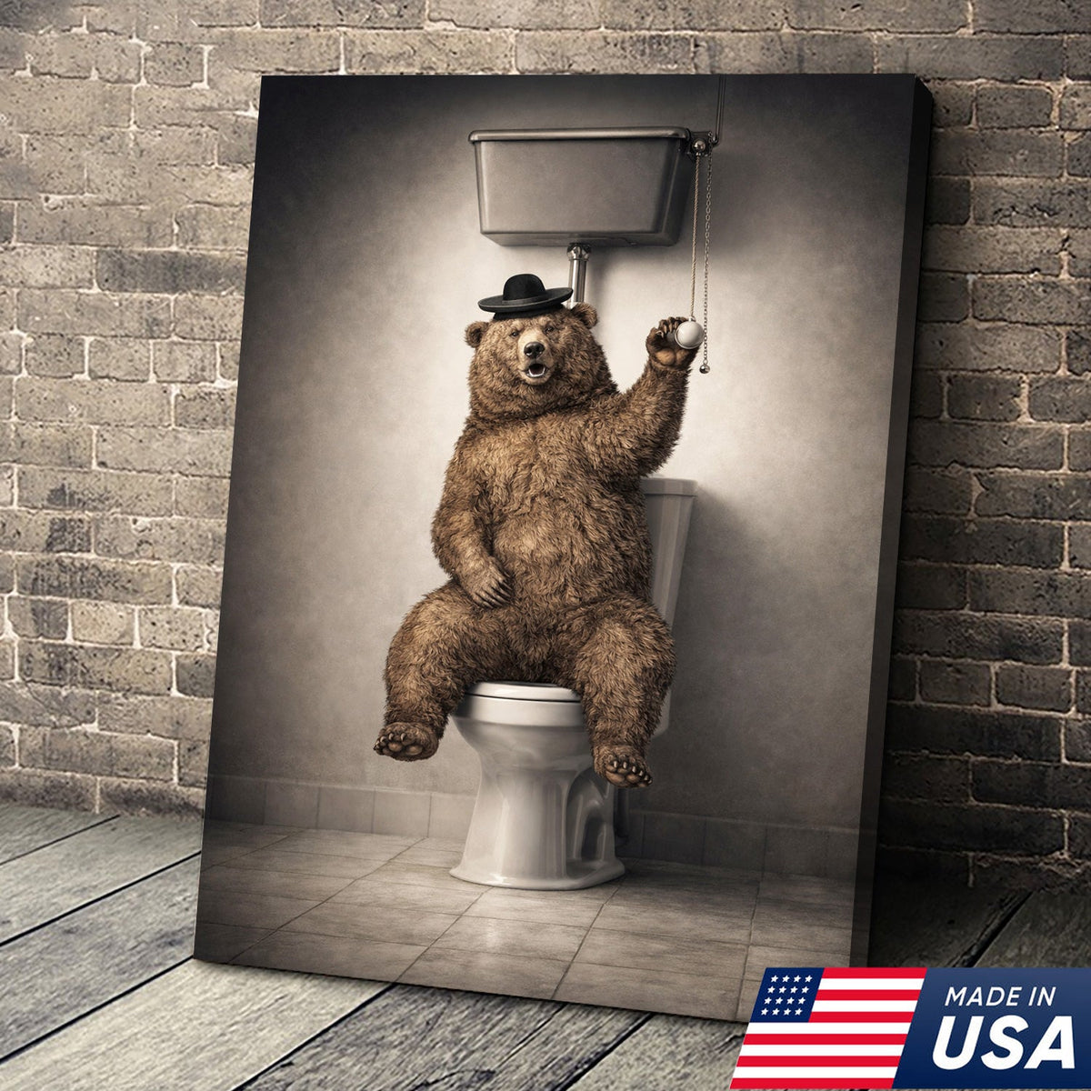 Funny Bear Bathroom Canvas Wall Art – Bear On Toilet Painting