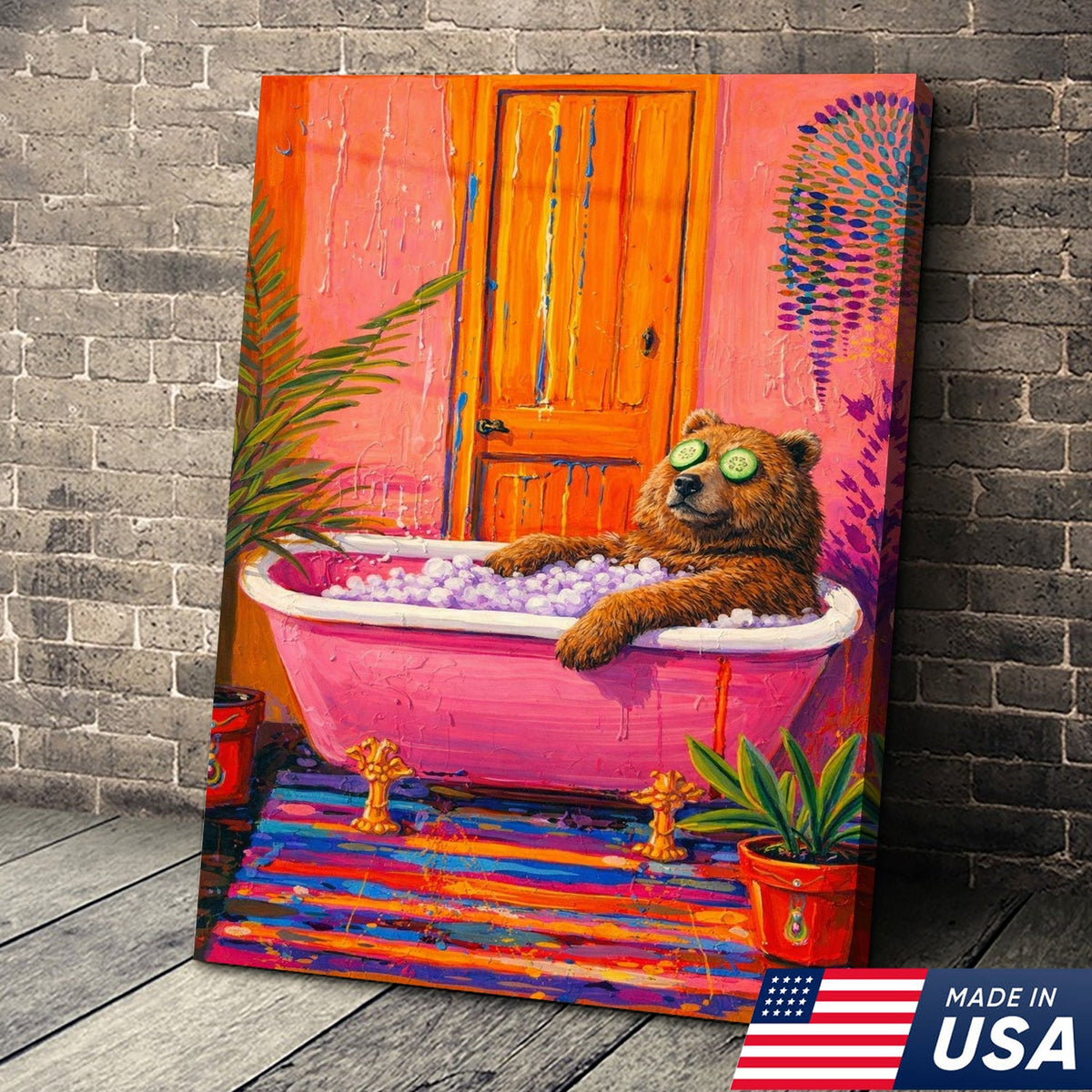 Funny Bear Bath Canvas Wall Art – Colorful Animal Bathroom Decor