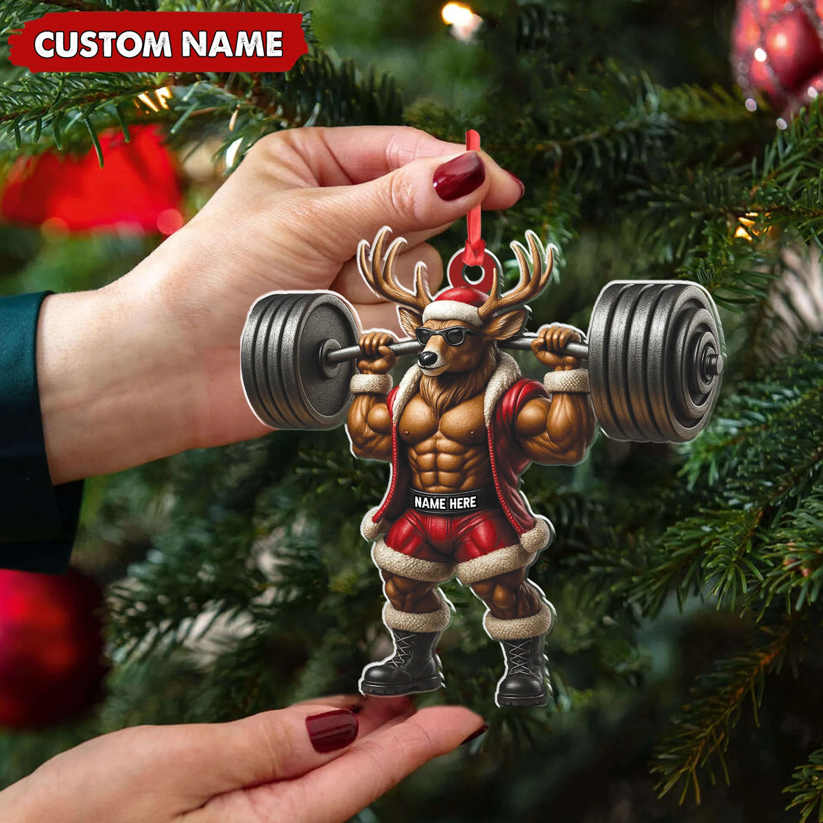 Personalized Acrylic Muscle Deer Christmas Ornament - Custom Weightlifting Holiday Decoration