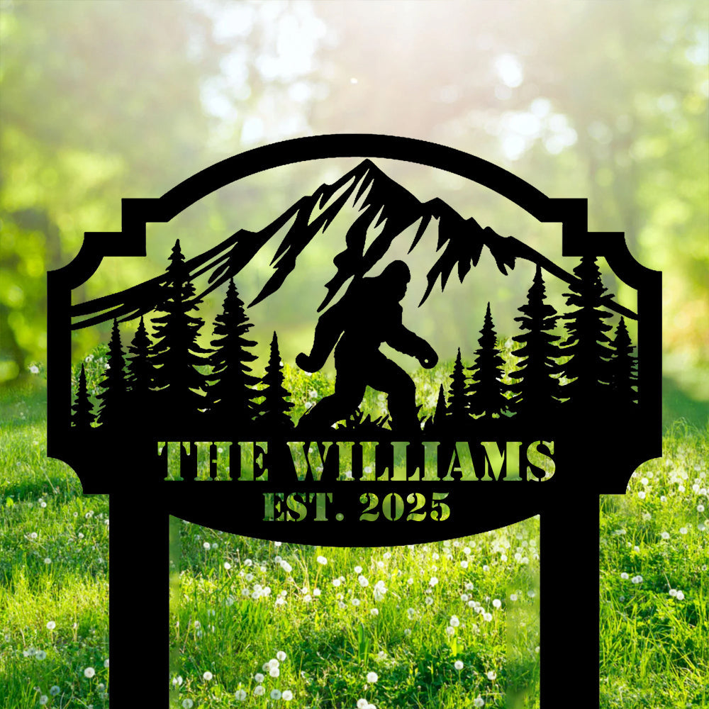 Personalized Bigfoot Mountain Scene Metal Sign – Custom Family Yard Sign