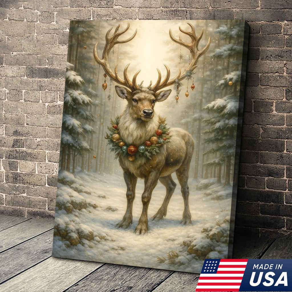 Christmas Reindeer Canvas Wall Art, Majestic Deer with Ornament Wreath in Snowy Forest