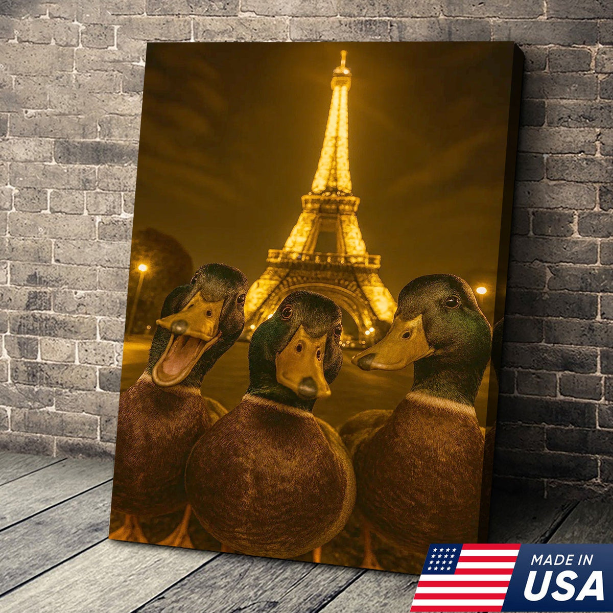 Paris Duck Selfie Canvas – Funny Three Ducks at Eiffel Tower, Hilarious Travel-Themed Wall Art