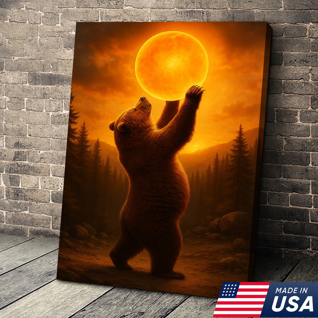 Bear Holding the Sun Canvas Art – Sunset Wilderness Wall Decor for Cabin & Home