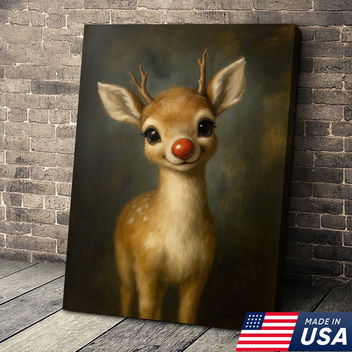 Cute Red Nose Baby Reindeer Canvas Wall Art, Christmas Deer Nursery Decor