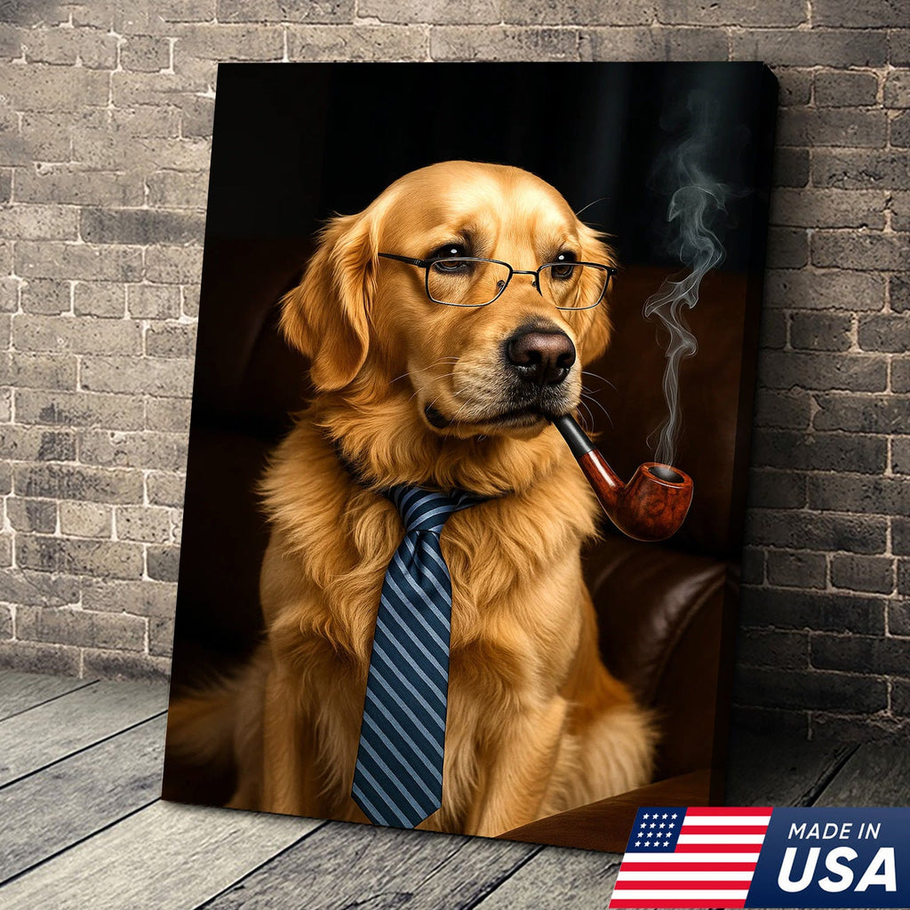Gentleman Dog Canvas Art – Golden Retriever in Glasses & Tie with Pipe