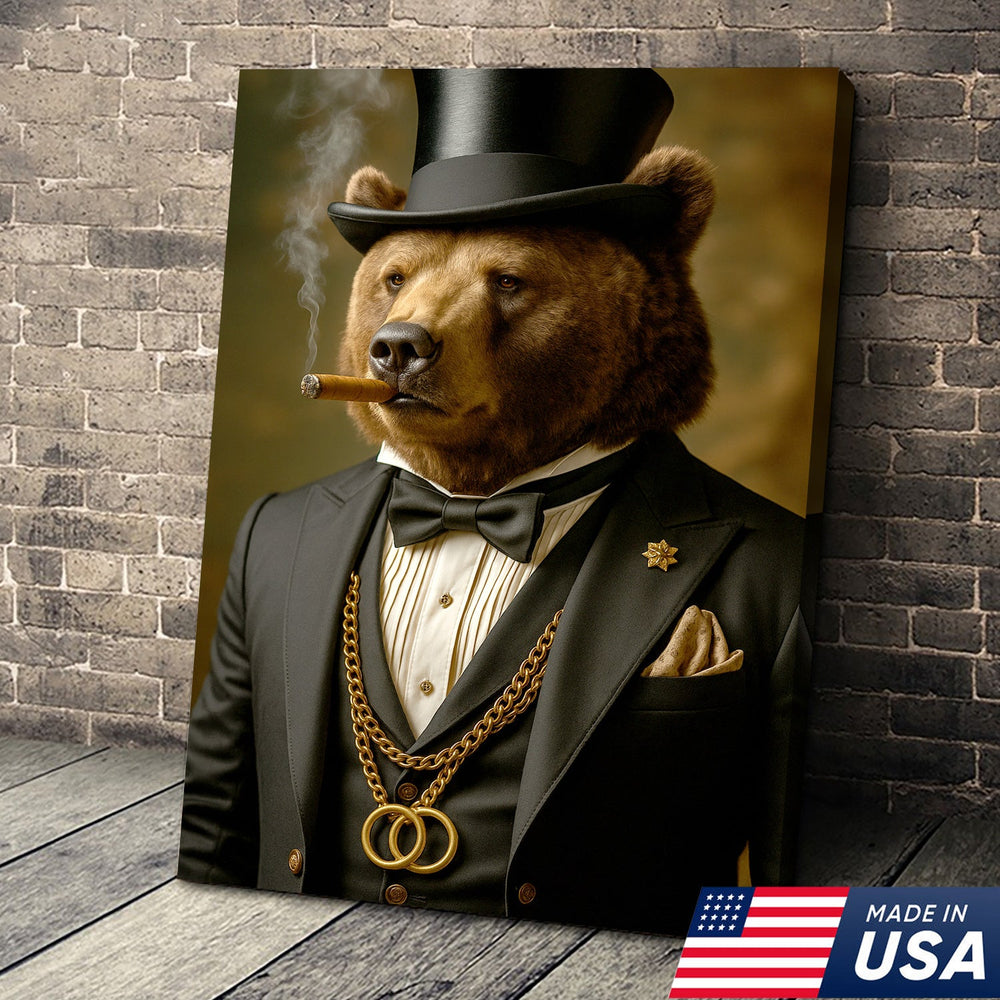 Bear Gentleman Wall Art Canvas – Fancy Suit & Cigar Canvas Print for Home Bar, Man Cave Decor