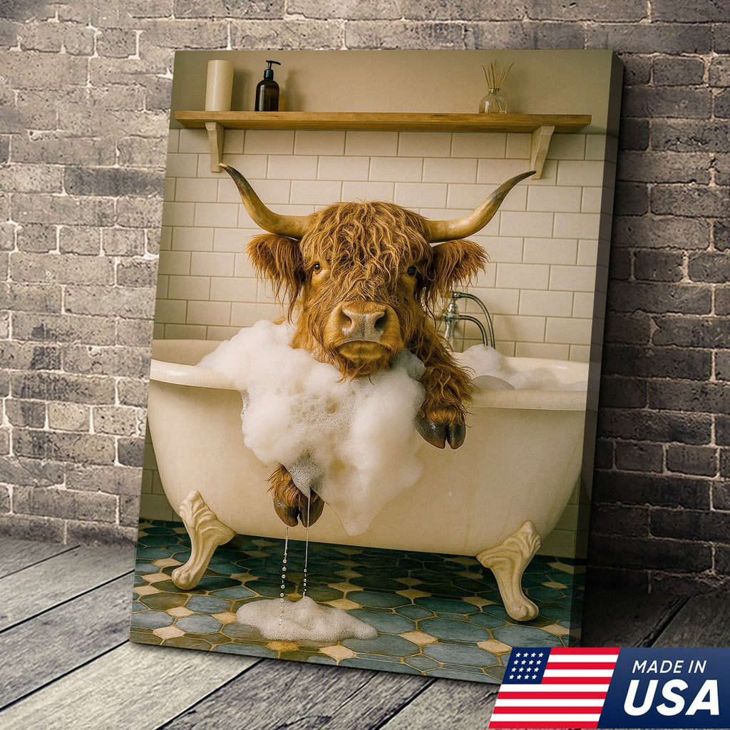 Highland Cow Bubble Bath Canvas Wall Art, Funny Farmhouse Bathroom Decor