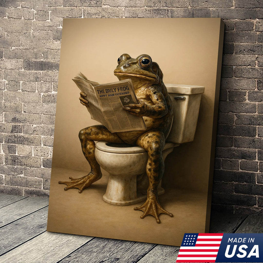 Funny Frog Bathroom Canvas Wall Art, Frog Reading Newspaper on Toilet