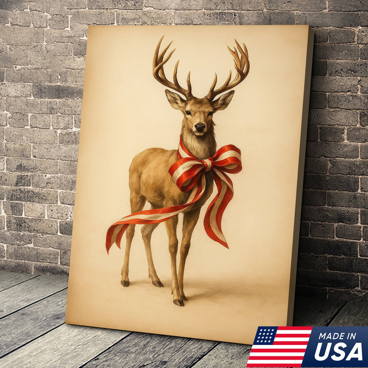 Farmhouse Christmas Deer Canvas Wall Art, Neutral Stag with Red Gift Bow Print