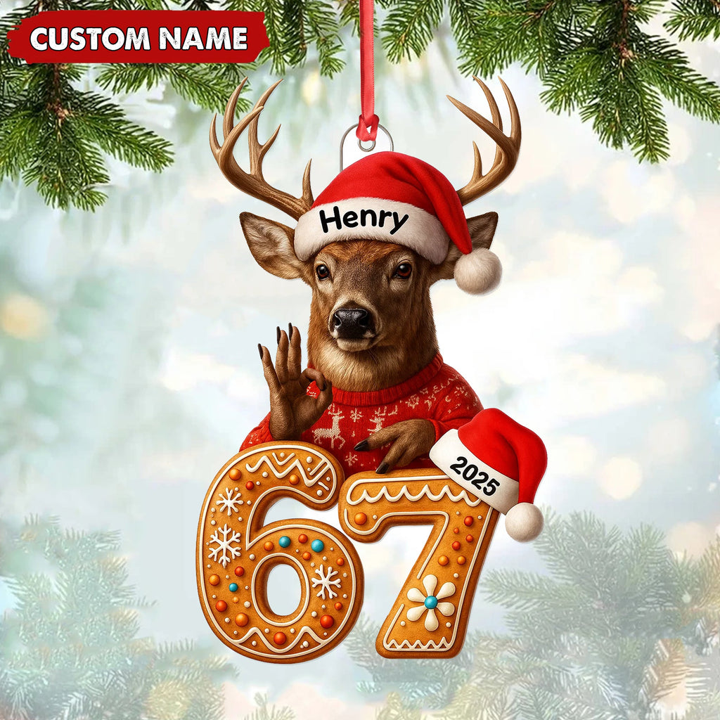 Personalized Deer Christmas Ornament, 67 Gingerbread Number Decoration 2025, Funny Buck Birthday Holiday Tree Gift